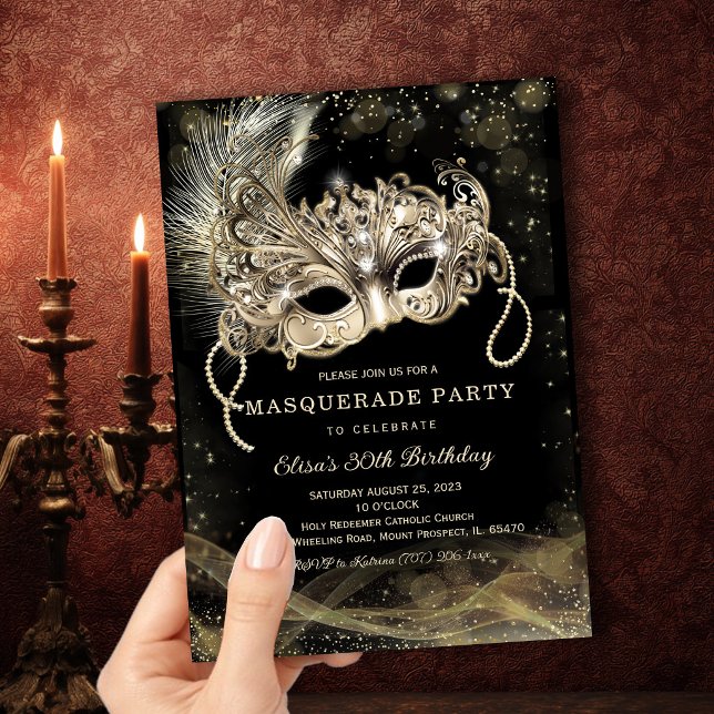 Black Gold Masquerade Birthday Party Invitation (Creator Uploaded)