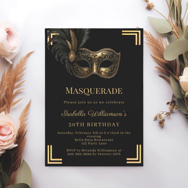 Black gold Masquerade birthday party Invitation (Creator Uploaded)