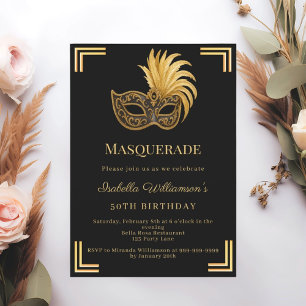 Black gold Masquerade birthday party Invitation