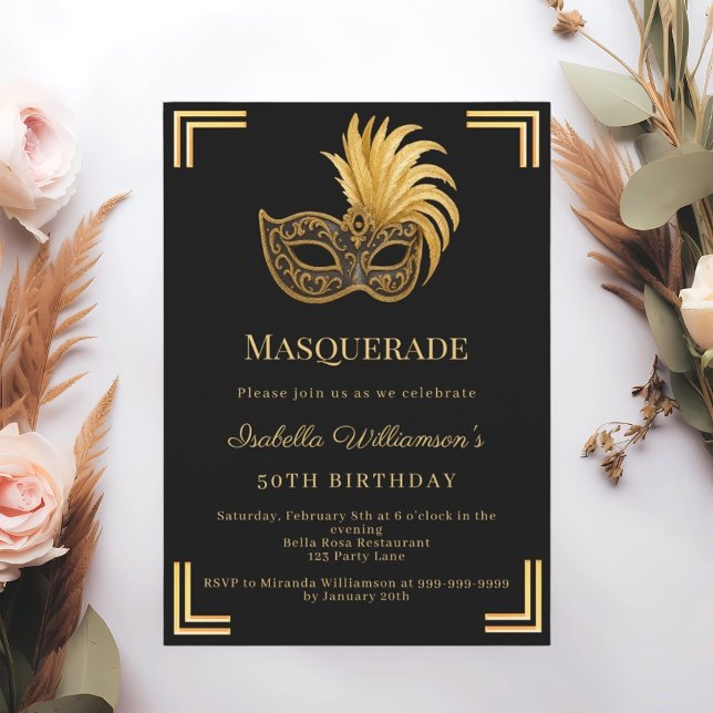 Black gold Masquerade birthday party Invitation (Creator Uploaded)