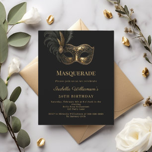Black gold Masquerade birthday party invitation