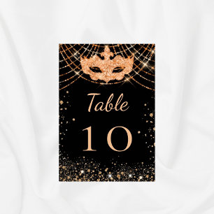 Black gold masquerade glitter table number