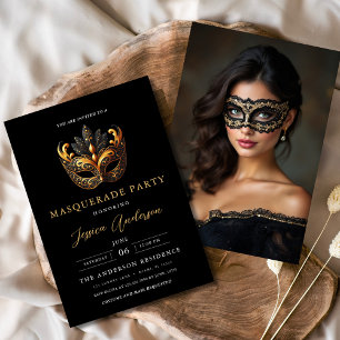 Black Gold Masquerade Party Birthday Photo Invitation