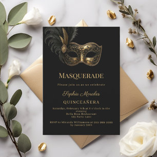 Black gold Masquerade Quinceanera Invitation