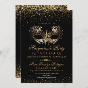Black Gold Masquerade Quinceanera  Invitation