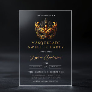Black Gold Masquerade Sweet 16 Birthday Party Acrylic Invitations