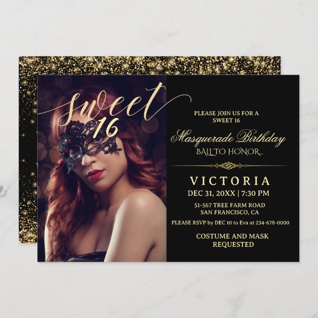 Black & gold Masquerade Sweet 16 Birthday Photo Invitation (Front/Back)