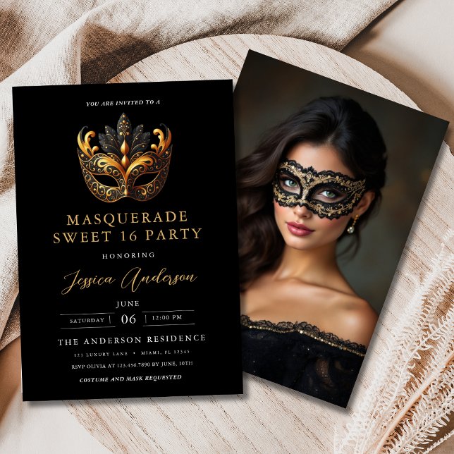 Black Gold Masquerade Sweet 16 Photo Birthday Invitation (Creator Uploaded)