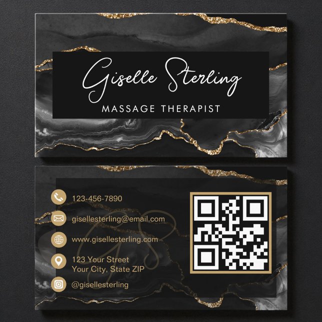 Black Gold Massage Therapist QR Code  Business Card (Creator Uploaded)