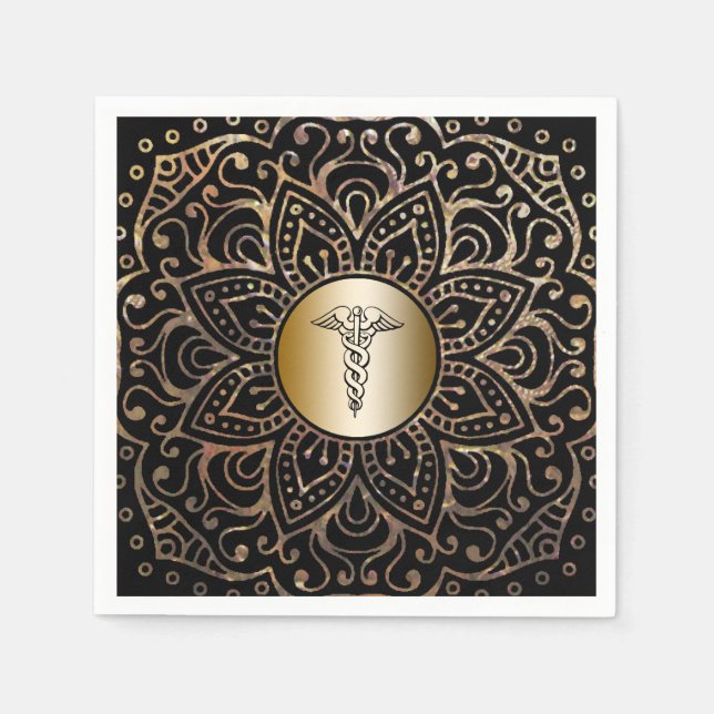 Black Gold Medical Caduceus Symbol Nurse Doctor Napkin (Front)
