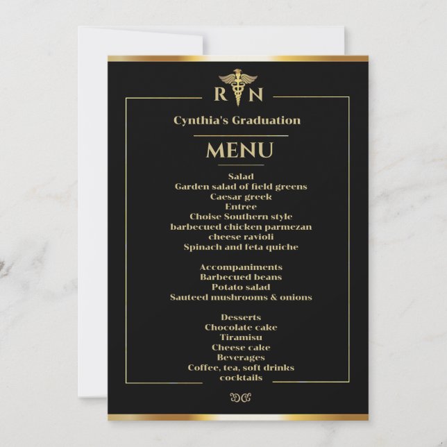  Black & Gold Medical Graduation Dinner Menu Invitation (Front)