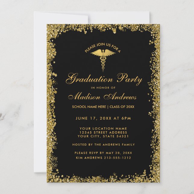 Black Gold Medical Graduation Party Invite (Front)