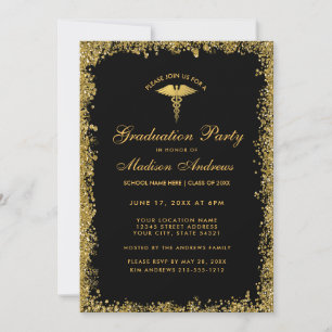 Black Gold Medical Graduation Party Invite