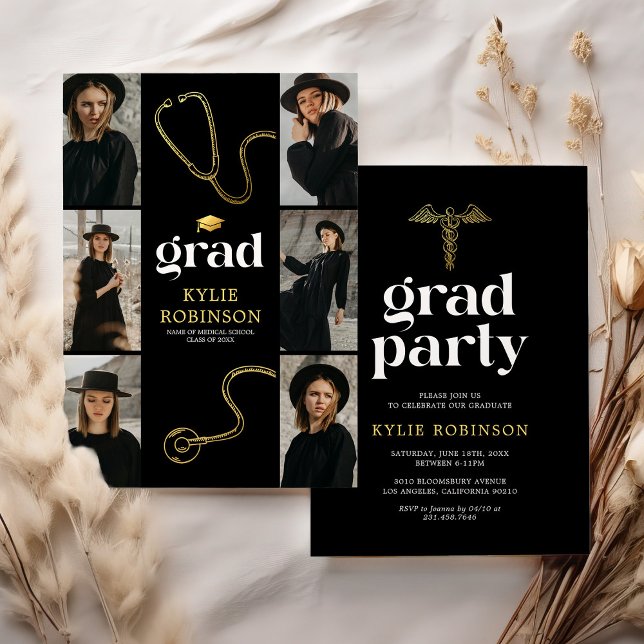 Black Gold Medical Photo Graduation Party Invitation (Creator Uploaded)
