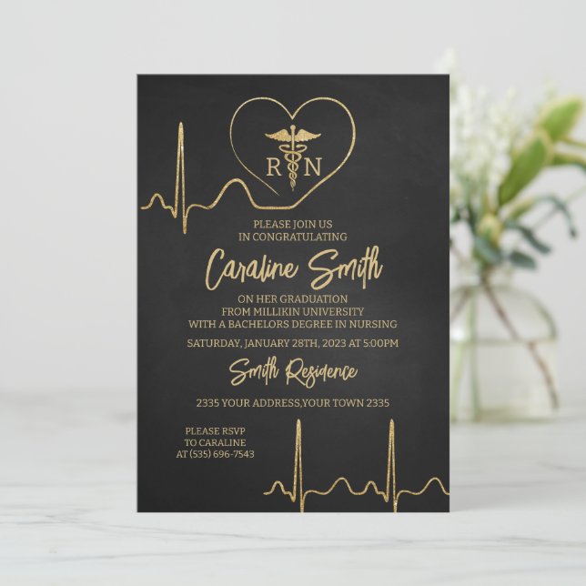 Black Gold  Medical RN Nurse Graduation Invitation (Standing Front)