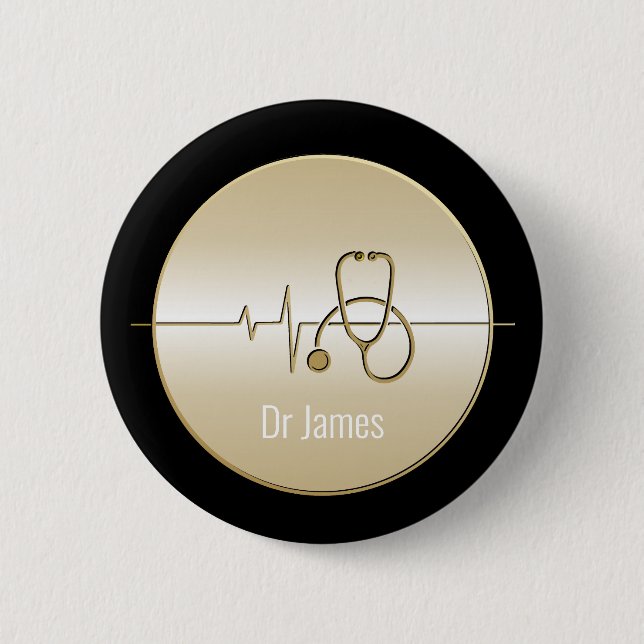 Black Gold Medical Stethoscope Heartbeat 6 Cm Round Badge (Front)