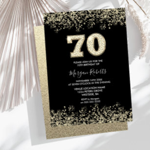 Black & Gold Mens Womans 70th Birthday Party Invitation