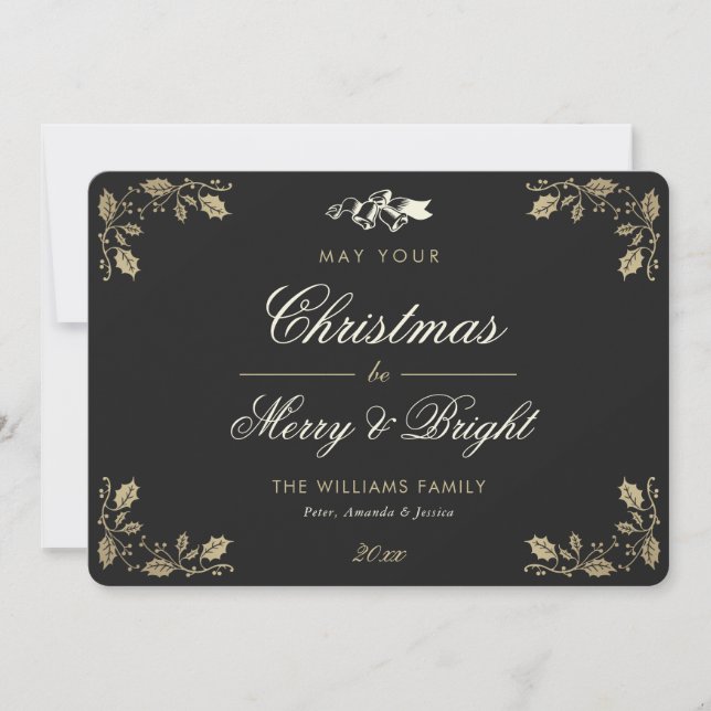 Black Gold Merry and Bright Holiday Card (Front)