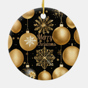 Black & Gold Merry Christmas Ball Ceramic Ornament