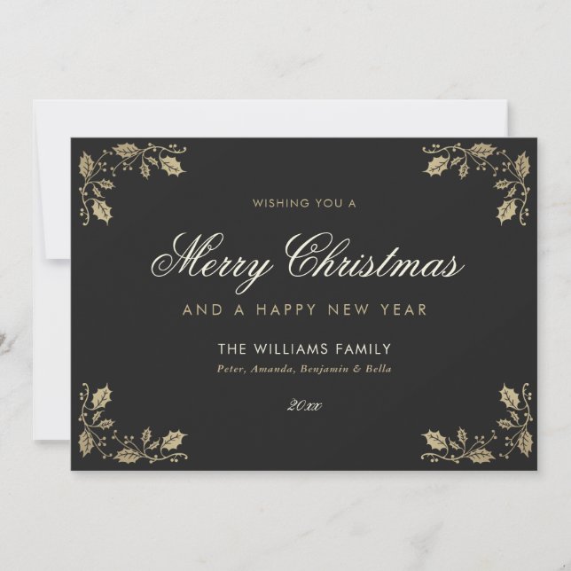 Black Gold Merry Christmas Happy New Year Holiday Card (Front)