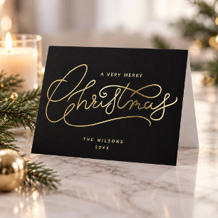 Black Gold Merry Christmas Script Minimalist Holiday Card