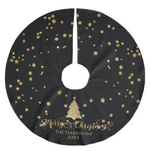 Black Gold Merry Christmas Tree Sparkles Brushed Polyester Tree Skirt