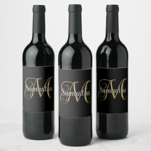 Black Gold Metallic Curly Signature M Monogram Wine Label
