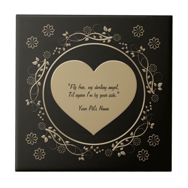 Black & Gold Metallic Heart Pet Memorial Ceramic Tile (Front)