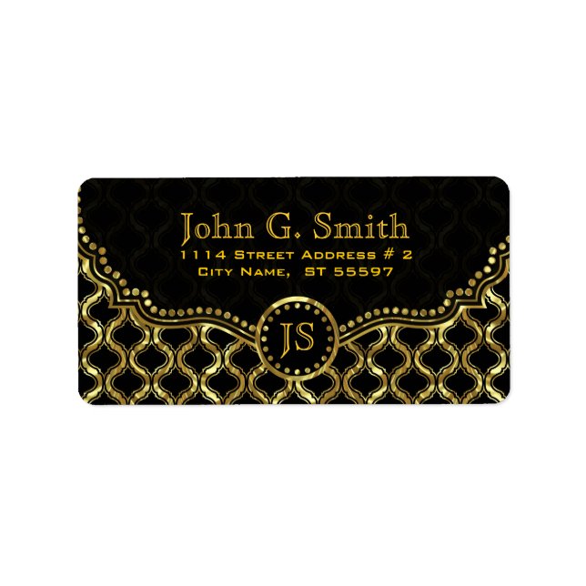 Black & Gold Metallic Quatrefoil Pattern Label (Front)