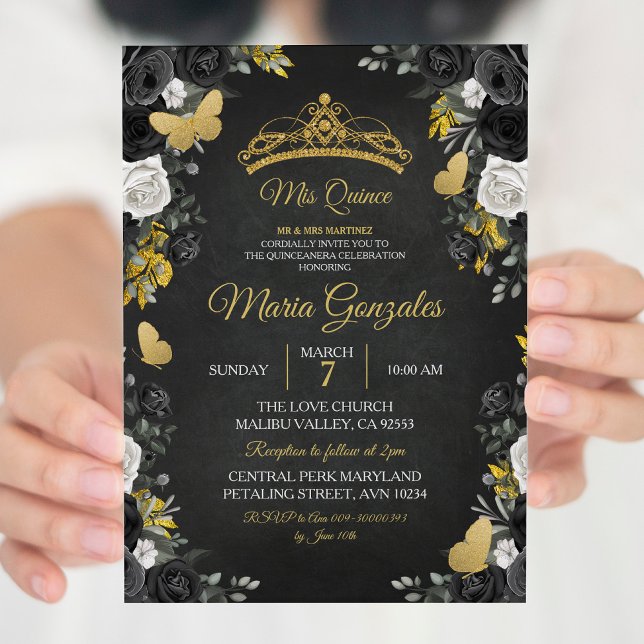 Black & Gold Mexican Charra Mis XV Anos Birthday Invitation (Creator Uploaded)