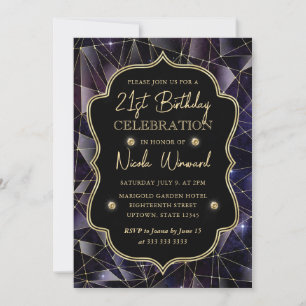 Black & Gold Midnight Crystal Galaxy 21st Birthday Invitation