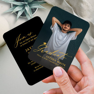 Black Gold Mini Modern Script Photo Graduation Enclosure Card