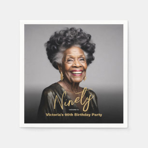 Black Gold Minimal Modern Photo 90th Birthday Napkin