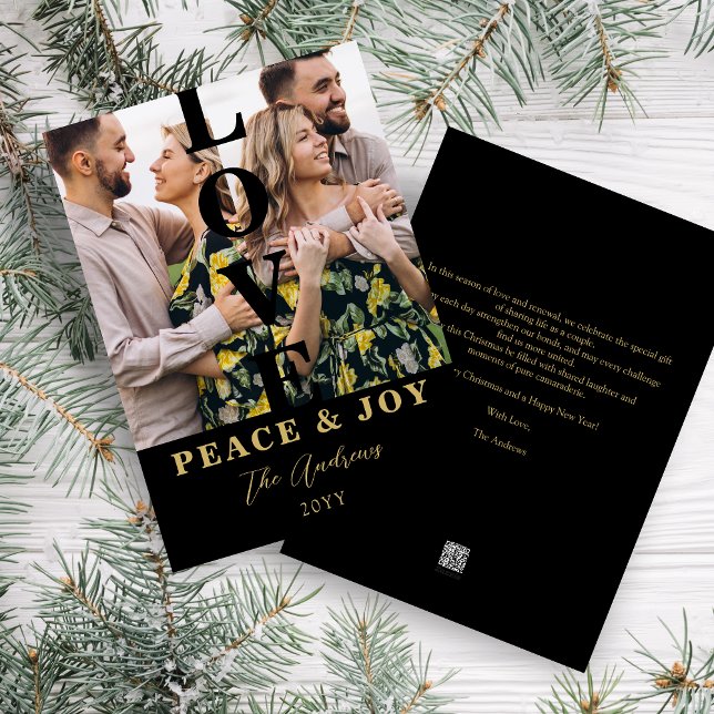 Black & Gold  Minimalist 2 Vertical Photos Xmas Holiday Card (Elegant Black & Faux Gold Minimalist 2 Vertical Photos Christmas Holiday Card with Envelope. )