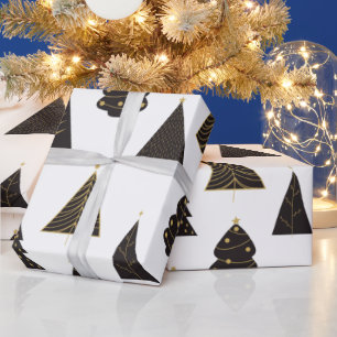 Black & Gold Minimalist Christmas Trees Wrapping Paper