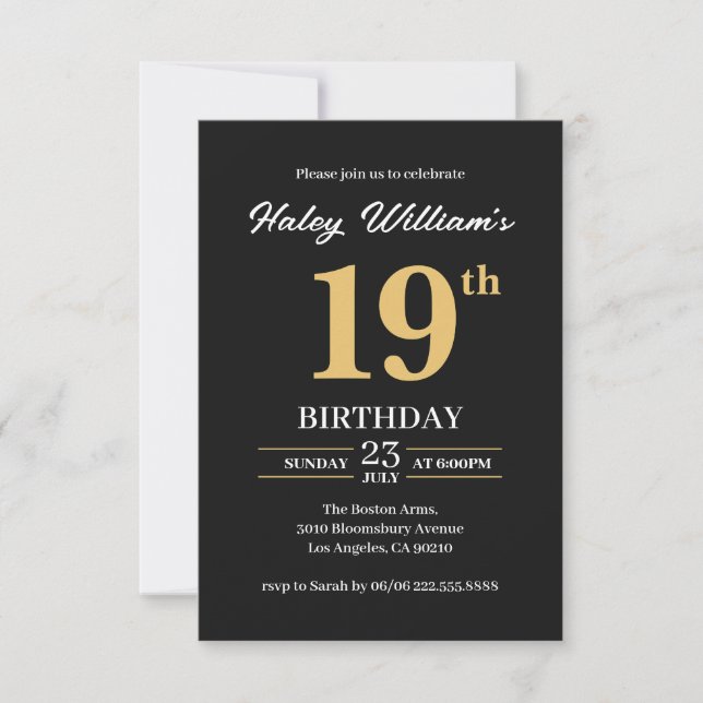 Black Gold Minimalist Modern Simple 19th Birthday Invitation (Front)