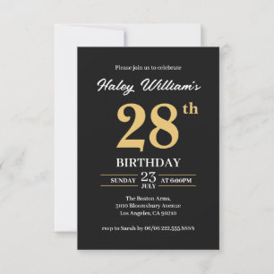 Black Gold Minimalist Modern Simple 28th Birthday Invitation