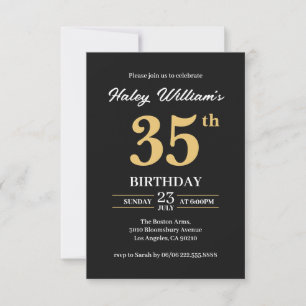 Black Gold Minimalist Modern Simple 35th Birthday Invitation