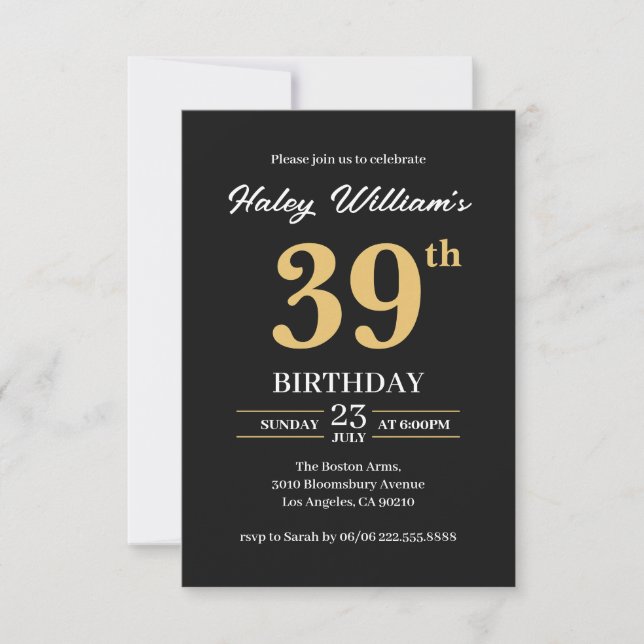 Black Gold Minimalist Modern Simple 39th Birthday Invitation (Front)