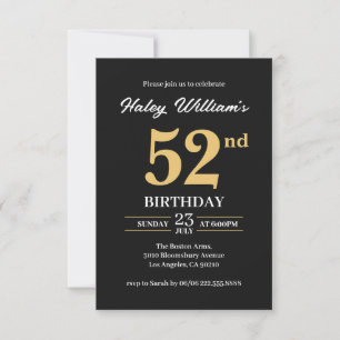 Black Gold Minimalist Modern Simple 52nd Birthday Invitation