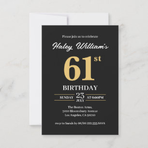 Black Gold Minimalist Modern Simple 61st Birthday Invitation