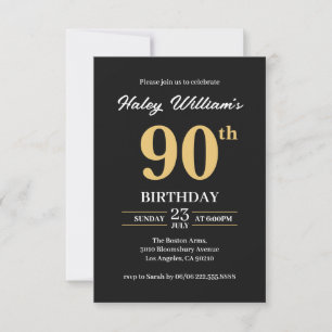 Black Gold Minimalist Modern Simple 90th Birthday Invitation