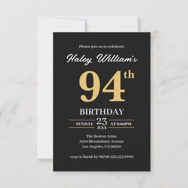 Black Gold Minimalist Modern Simple 94th Birthday Invitation (Front)