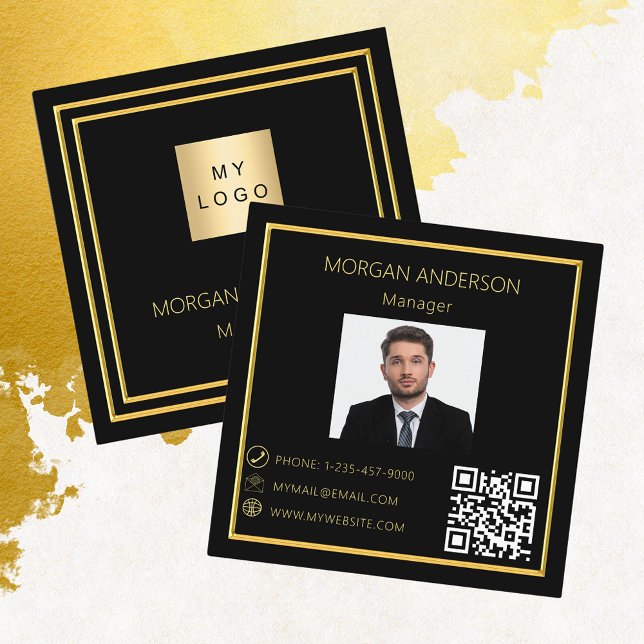 Black gold minimalist photo logo QR code Square Business Card (Creator Uploaded)