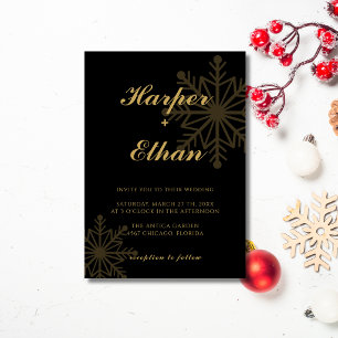 Black Gold Minimalist Snowflake Christmas Wedding Invitation
