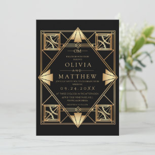 Black & Gold Modern Art Deco Wedding Invitation 