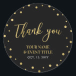 Black & Gold | Modern Birthday Favour Thank you Classic Round Sticker<br><div class="desc">This modern custom thank you sticker will add stylish detail to your special day. This design features gold lettering " Thank you " and confetti on a black background. Matching birthday party invitations and stationeries are available in my shop BaraBomDesign.</div>
