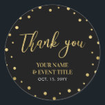 Black & Gold | Modern Birthday Favour Thank you Classic Round Sticker<br><div class="desc">This modern custom thank you sticker will add stylish detail to your special day. This design features gold lettering " Thank you " and confetti on a black background. Matching birthday party invitations and stationeries are available in my shop BaraBomDesign.</div>
