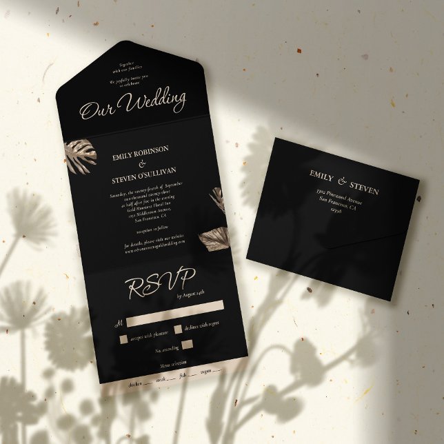Black & Gold Modern Botanical Wedding All In One Invitation (Creator Uploaded)