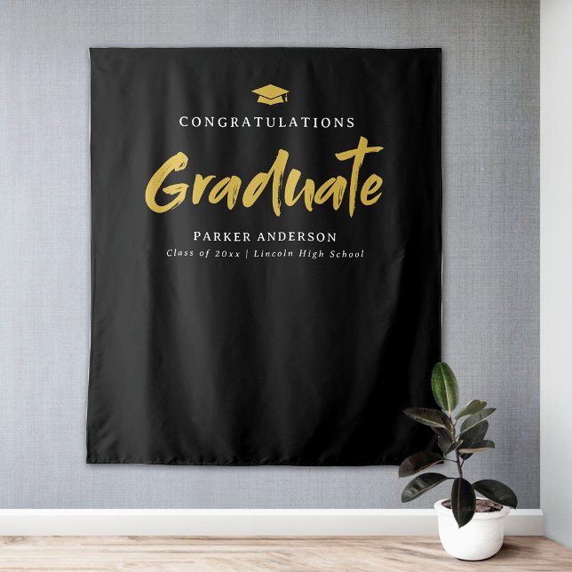 Black & Gold Modern Brush Script Graduation Party Tapestry (Black & Gold Modern Brush Script Graduation Party Tapestry)